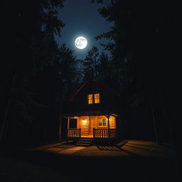 A picturesque two-story wooden cabin nestled in a dark, lush forest at night