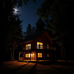 A picturesque two-story wooden cabin nestled in a dark, lush forest at night