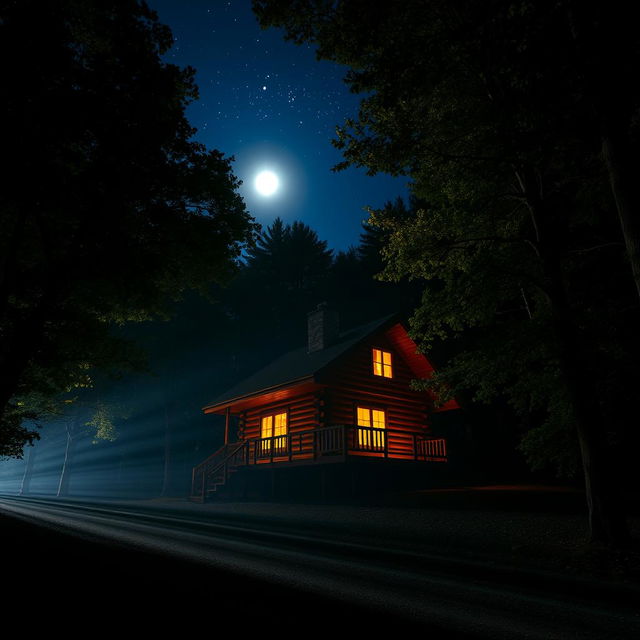 A picturesque two-story wooden cabin nestled in a dark, lush forest at night