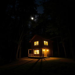 A picturesque two-story wooden cabin nestled in a dark, lush forest at night