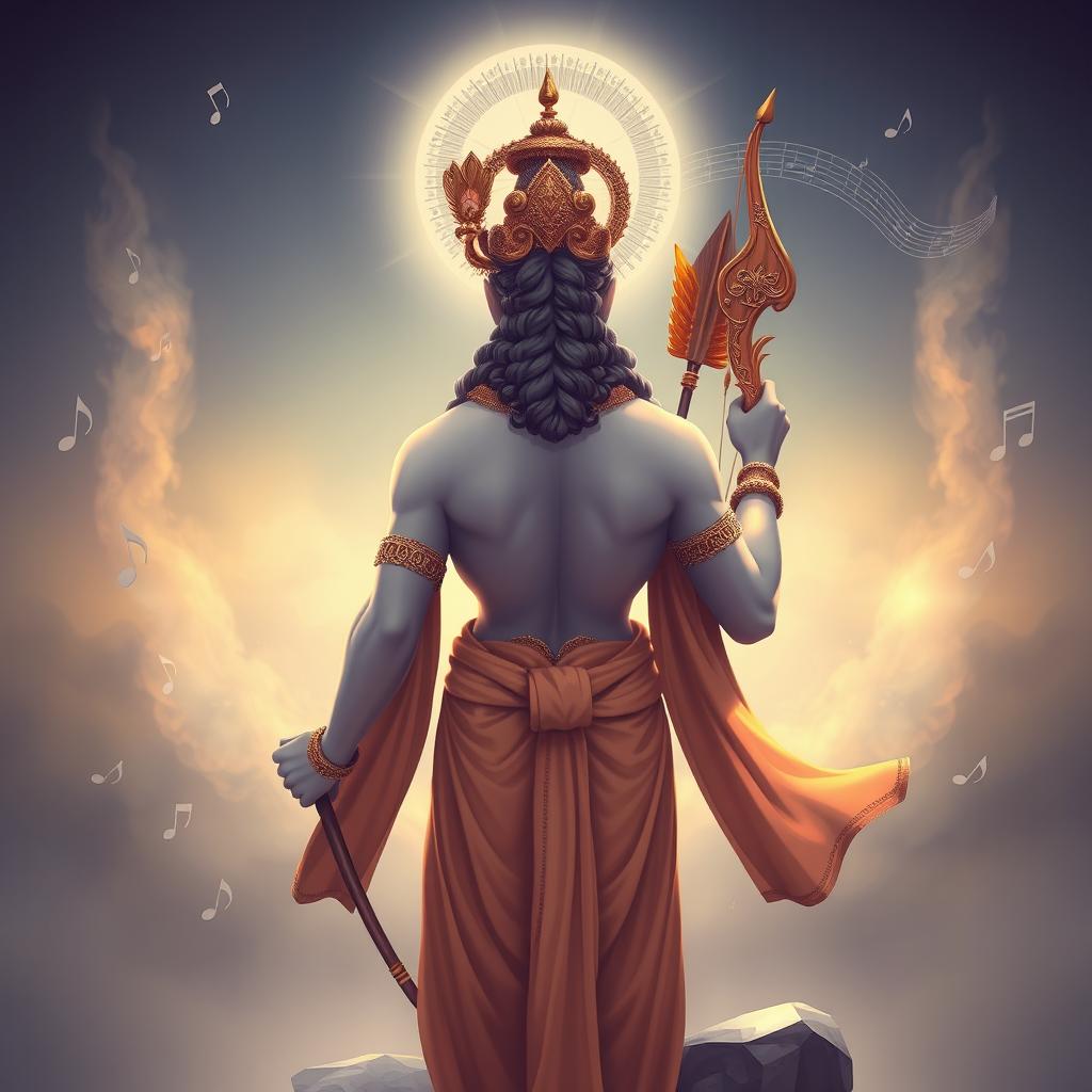 A majestic illustration of Lord Ram, the divine figure from Hindu mythology, depicted in a serene and powerful pose