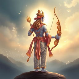 A majestic illustration of Lord Ram, the divine figure from Hindu mythology, depicted in a serene and powerful pose