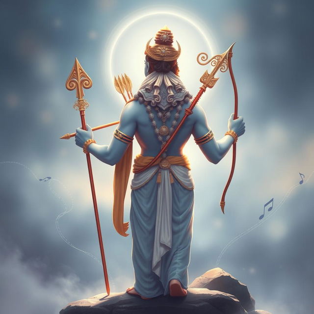 A majestic illustration of Lord Ram, the divine figure from Hindu mythology, depicted in a serene and powerful pose