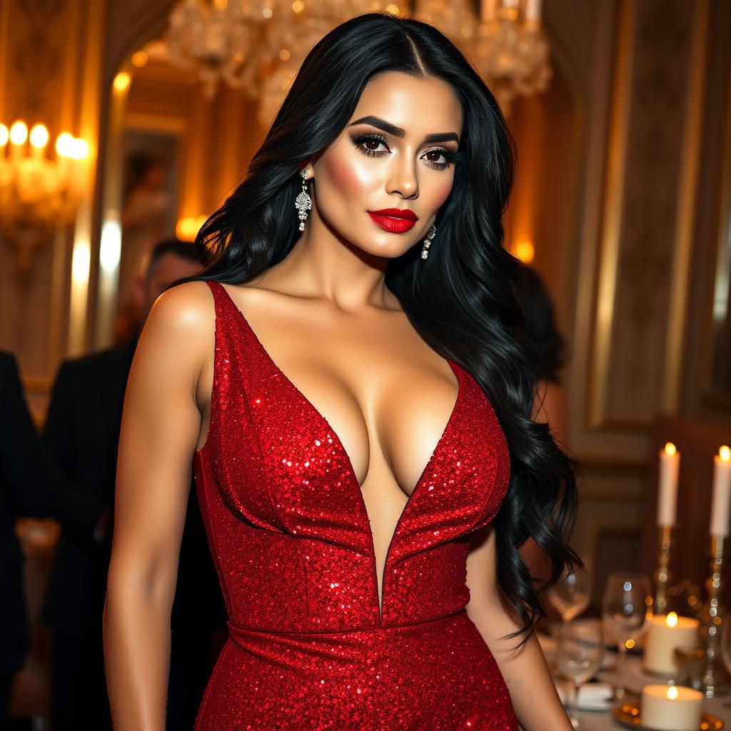 A glamorous woman with large breasts and an attractive cleavage, wearing a sparkling evening gown that enhances her curves