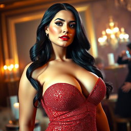 A glamorous woman with large breasts and an attractive cleavage, wearing a sparkling evening gown that enhances her curves