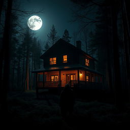 A striking two-story wooden cabin nestled within a dark, dense forest at night