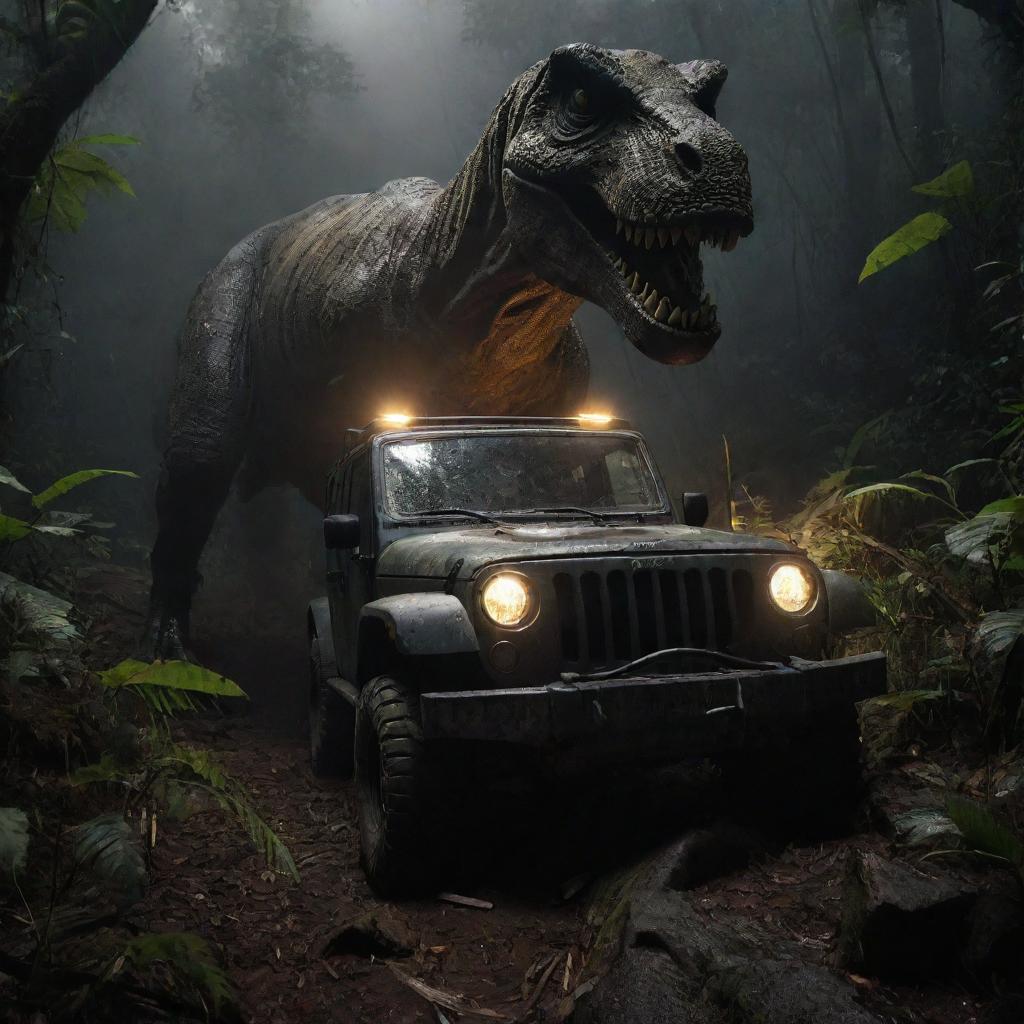 Craft a dramatic image of Alan Grant's Jeep, overturned in the rough terrain, the headlights casting an eerie glow on the surrounding jungle and the looming T-Rex silhouette, as Alan attempts to crawl from the wreckage.