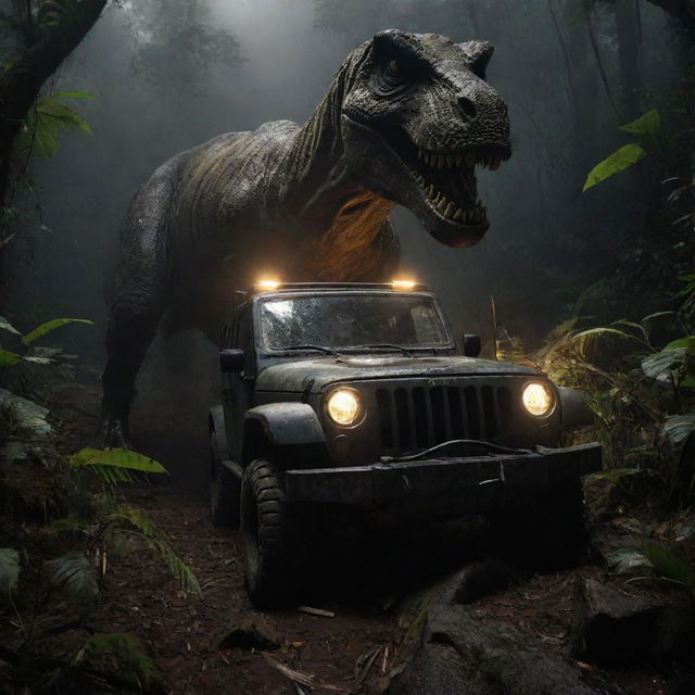 Craft a dramatic image of Alan Grant's Jeep, overturned in the rough terrain, the headlights casting an eerie glow on the surrounding jungle and the looming T-Rex silhouette, as Alan attempts to crawl from the wreckage.