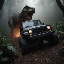 Craft a dramatic image of Alan Grant's Jeep, overturned in the rough terrain, the headlights casting an eerie glow on the surrounding jungle and the looming T-Rex silhouette, as Alan attempts to crawl from the wreckage.