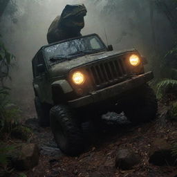 Craft a dramatic image of Alan Grant's Jeep, overturned in the rough terrain, the headlights casting an eerie glow on the surrounding jungle and the looming T-Rex silhouette, as Alan attempts to crawl from the wreckage.