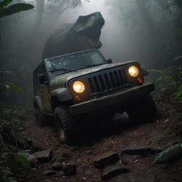 Craft a dramatic image of Alan Grant's Jeep, overturned in the rough terrain, the headlights casting an eerie glow on the surrounding jungle and the looming T-Rex silhouette, as Alan attempts to crawl from the wreckage.