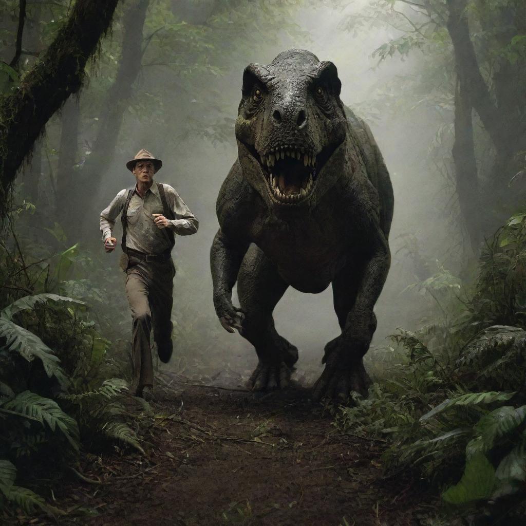 Generate an image of Alan Grant, his figure illuminated by the crashed Jeep's headlights, as he escapes on foot, running desperately through the dense undergrowth with the T-Rex in pursuit.