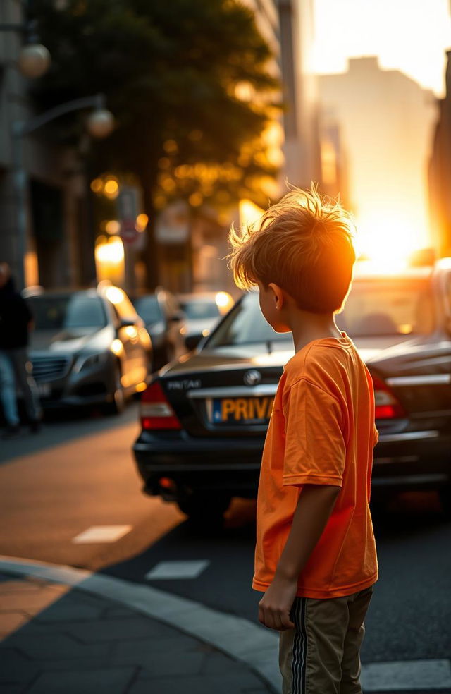 A private taxi driving away on a city street during the golden hour, the setting sun casting warm light