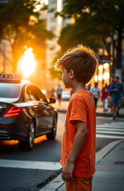 A private taxi driving away on a city street during the golden hour, the setting sun casting warm light