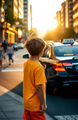 A private taxi driving away on a city street during the golden hour, the setting sun casting warm light