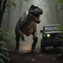 Generate an image of Alan Grant, his figure illuminated by the crashed Jeep's headlights, as he escapes on foot, running desperately through the dense undergrowth with the T-Rex in pursuit.