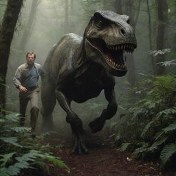 Generate an image of Alan Grant, his figure illuminated by the crashed Jeep's headlights, as he escapes on foot, running desperately through the dense undergrowth with the T-Rex in pursuit.