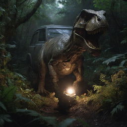 Generate an image of Alan Grant, his figure illuminated by the crashed Jeep's headlights, as he escapes on foot, running desperately through the dense undergrowth with the T-Rex in pursuit.