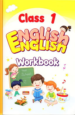 A colorful and engaging cover page for a Class 1 English workbook designed specifically for kids