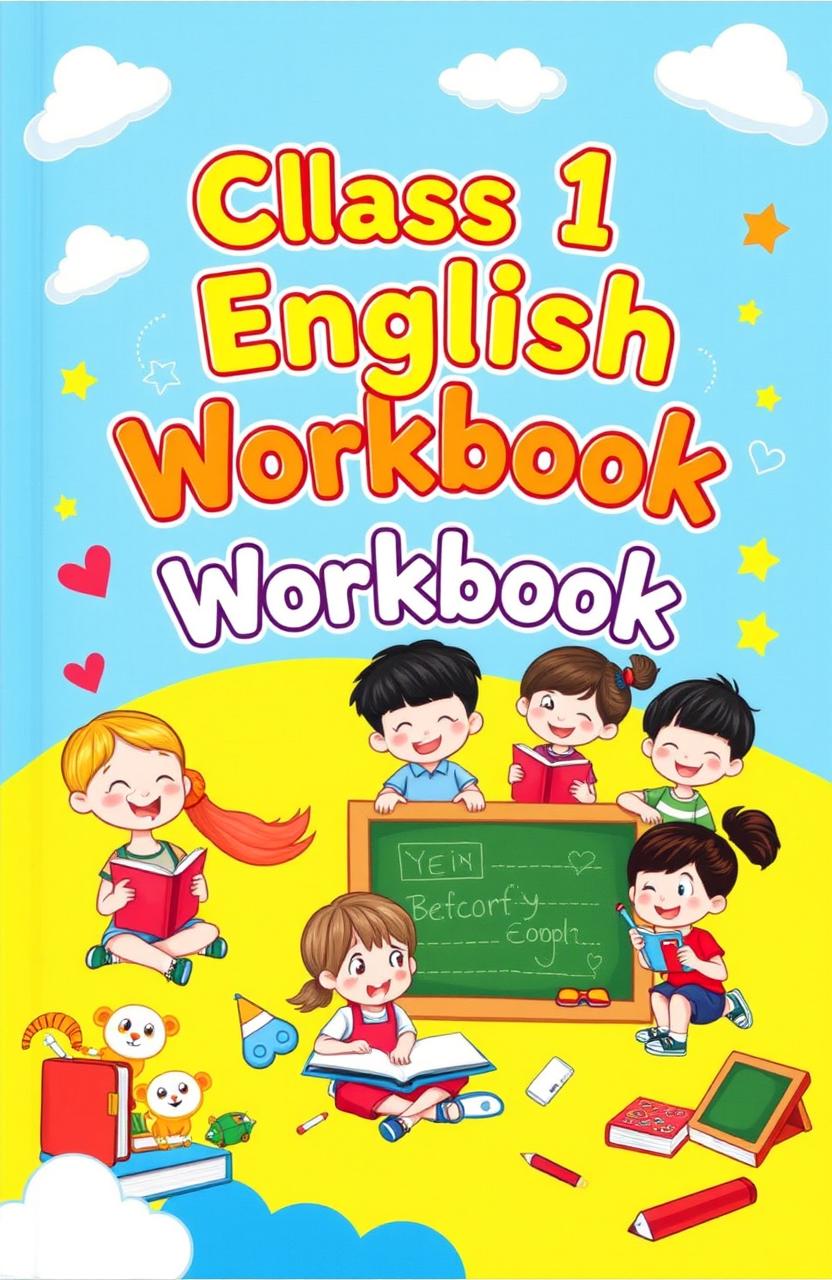 A colorful and engaging cover page for a Class 1 English workbook designed specifically for kids