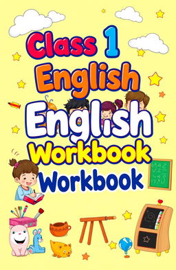A colorful and engaging cover page for a Class 1 English workbook designed specifically for kids