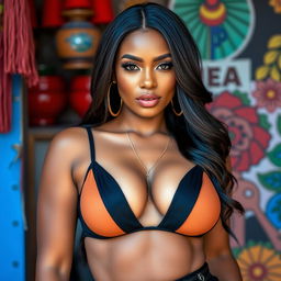 A beautiful 25-year-old Mozambican woman dressed in revealing clothing that showcases her neckline and accentuates her voluptuous figure, facing directly toward the camera with a bold and seductive expression