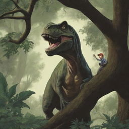 Illustrate an image of Alan Grant successfully hiding in the branches of a towering tree, his wide-eyed fear visible in the tree's shadowy foliage, as the T-Rex continues to roam below.