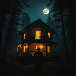 A captivating two-story wooden cabin surrounded by a dark, dense forest at night