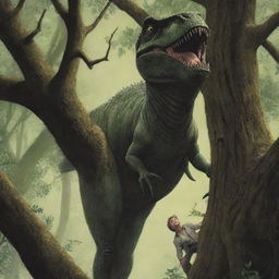 Illustrate an image of Alan Grant successfully hiding in the branches of a towering tree, his wide-eyed fear visible in the tree's shadowy foliage, as the T-Rex continues to roam below.