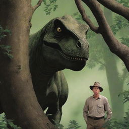 Illustrate an image of Alan Grant successfully hiding in the branches of a towering tree, his wide-eyed fear visible in the tree's shadowy foliage, as the T-Rex continues to roam below.