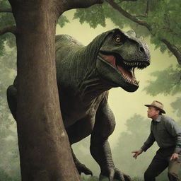 Illustrate an image of Alan Grant successfully hiding in the branches of a towering tree, his wide-eyed fear visible in the tree's shadowy foliage, as the T-Rex continues to roam below.