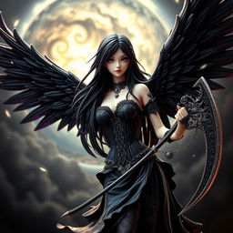 A stunning goth angel woman figurine with intricate details, featuring large, dark feathered wings and flowing long black hair