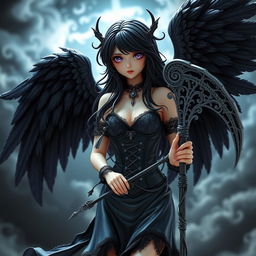 A stunning goth angel woman figurine with intricate details, featuring large, dark feathered wings and flowing long black hair