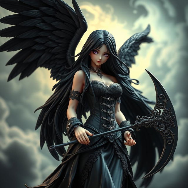 A stunning goth angel woman figurine with intricate details, featuring large, dark feathered wings and flowing long black hair