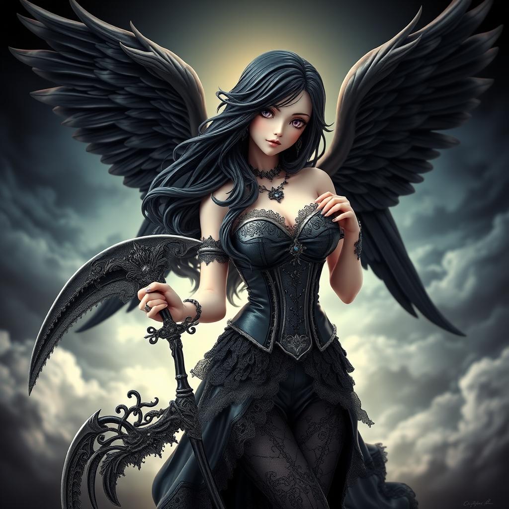 A stunning goth angel woman figurine with intricate details, featuring large, dark feathered wings and flowing long black hair