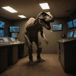 Create an image of a dirt-covered and visibly shaken Alan Grant, stepping into the dimly lit control room after his traumatic encounter with the T-Rex.