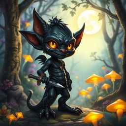 A fantasy character depicted as a black kobold with gleaming obsidian skin, bright yellow eyes, and pointed ears