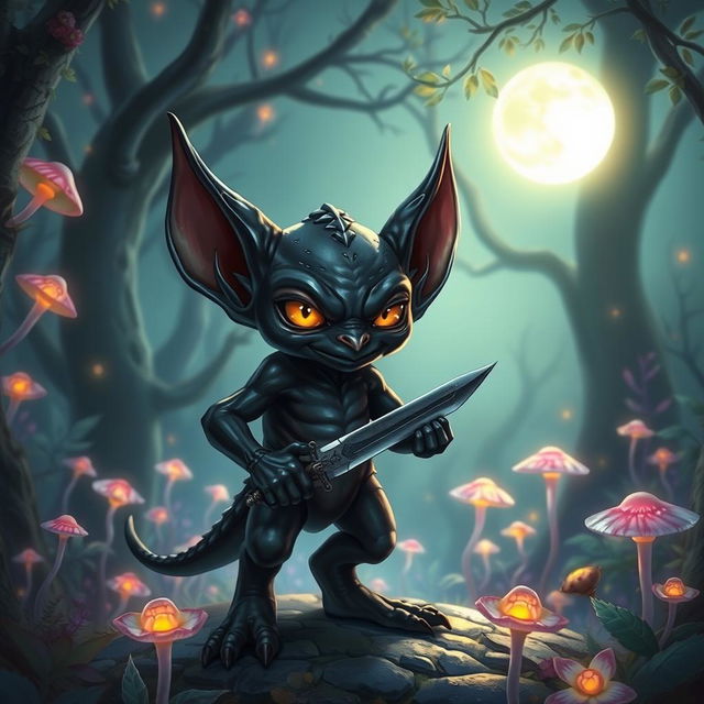 A fantasy character depicted as a black kobold with gleaming obsidian skin, bright yellow eyes, and pointed ears