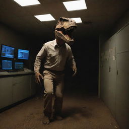 Create an image of a dirt-covered and visibly shaken Alan Grant, stepping into the dimly lit control room after his traumatic encounter with the T-Rex.