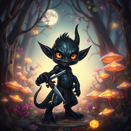A fantasy character depicted as a black kobold with gleaming obsidian skin, bright yellow eyes, and pointed ears