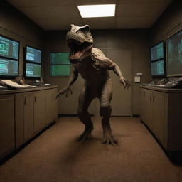 Create an image of a dirt-covered and visibly shaken Alan Grant, stepping into the dimly lit control room after his traumatic encounter with the T-Rex.