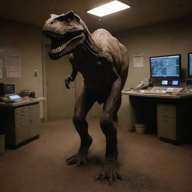 Create an image of a dirt-covered and visibly shaken Alan Grant, stepping into the dimly lit control room after his traumatic encounter with the T-Rex.