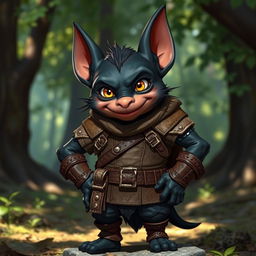 A black kobold wearing rugged leather armor, standing confidently with a mischievous grin