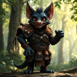 A black kobold wearing rugged leather armor, standing confidently with a mischievous grin