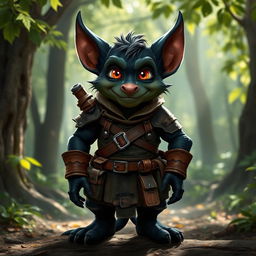 A black kobold wearing rugged leather armor, standing confidently with a mischievous grin