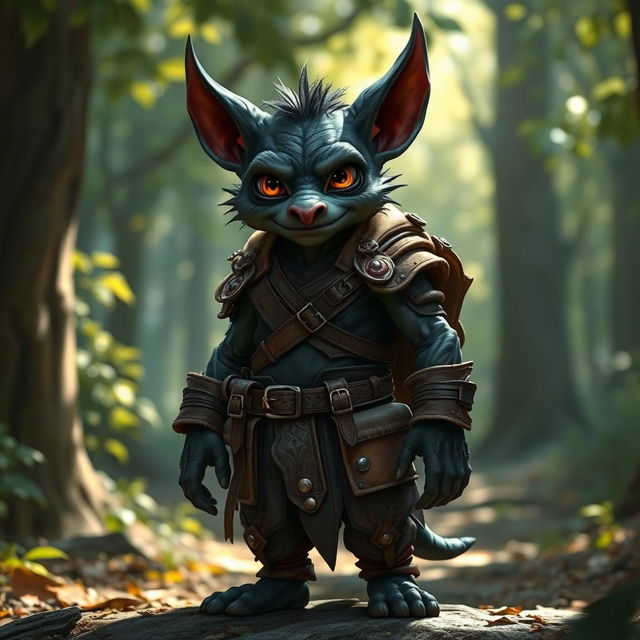 A black kobold wearing rugged leather armor, standing confidently with a mischievous grin