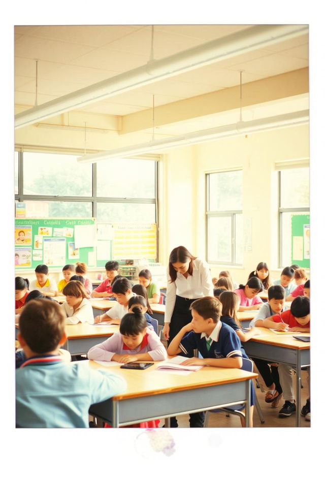 A vibrant school setting filled with students engaging in various activities, captured in a Polaroid style