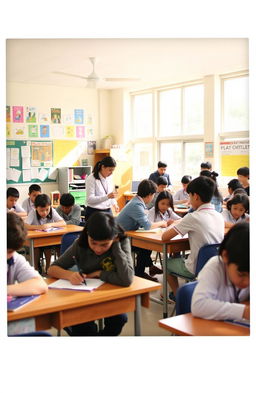 A vibrant school setting filled with students engaging in various activities, captured in a Polaroid style