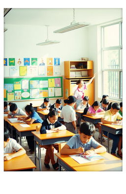 A vibrant school setting filled with students engaging in various activities, captured in a Polaroid style