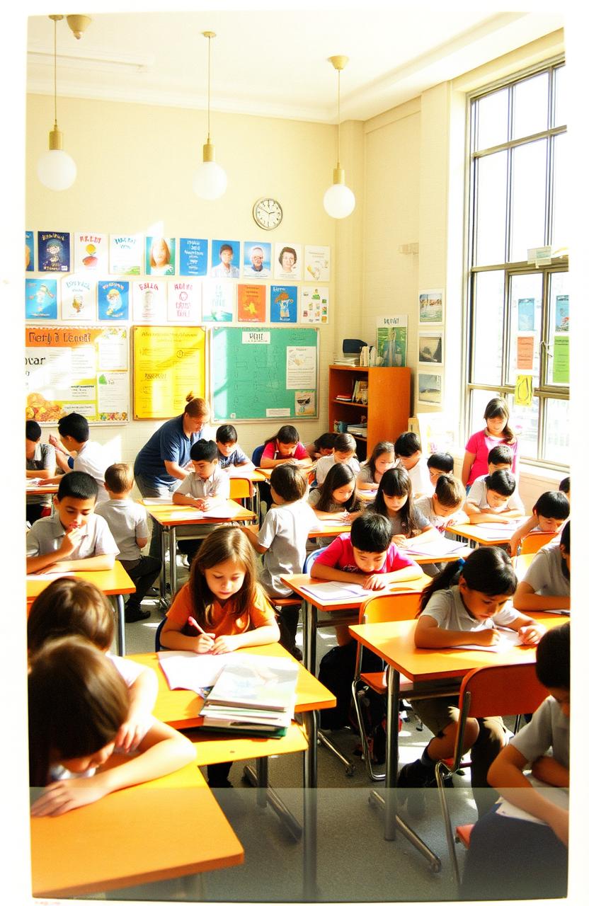 A vibrant school setting filled with students engaging in various activities, captured in a Polaroid style